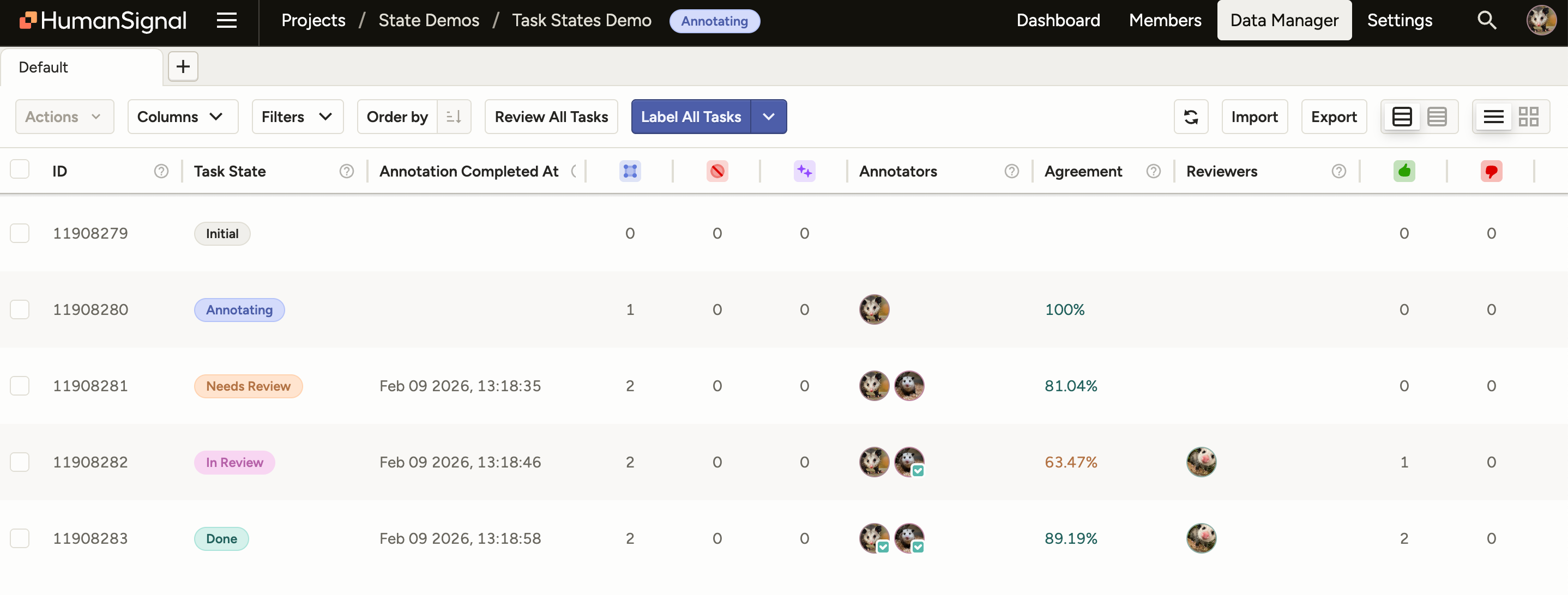 Screenshot of tasks states